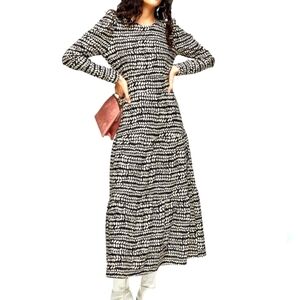 Top Shop Tiered flowy Maxi Stretchy Sz 2 Black& Oat Preppy Formal Dress nwt